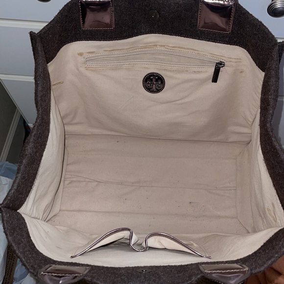 Tory Burch Large Ella Tote Wool Felt and Patent Leather in Brown and Bronze - Picture 7 of 11